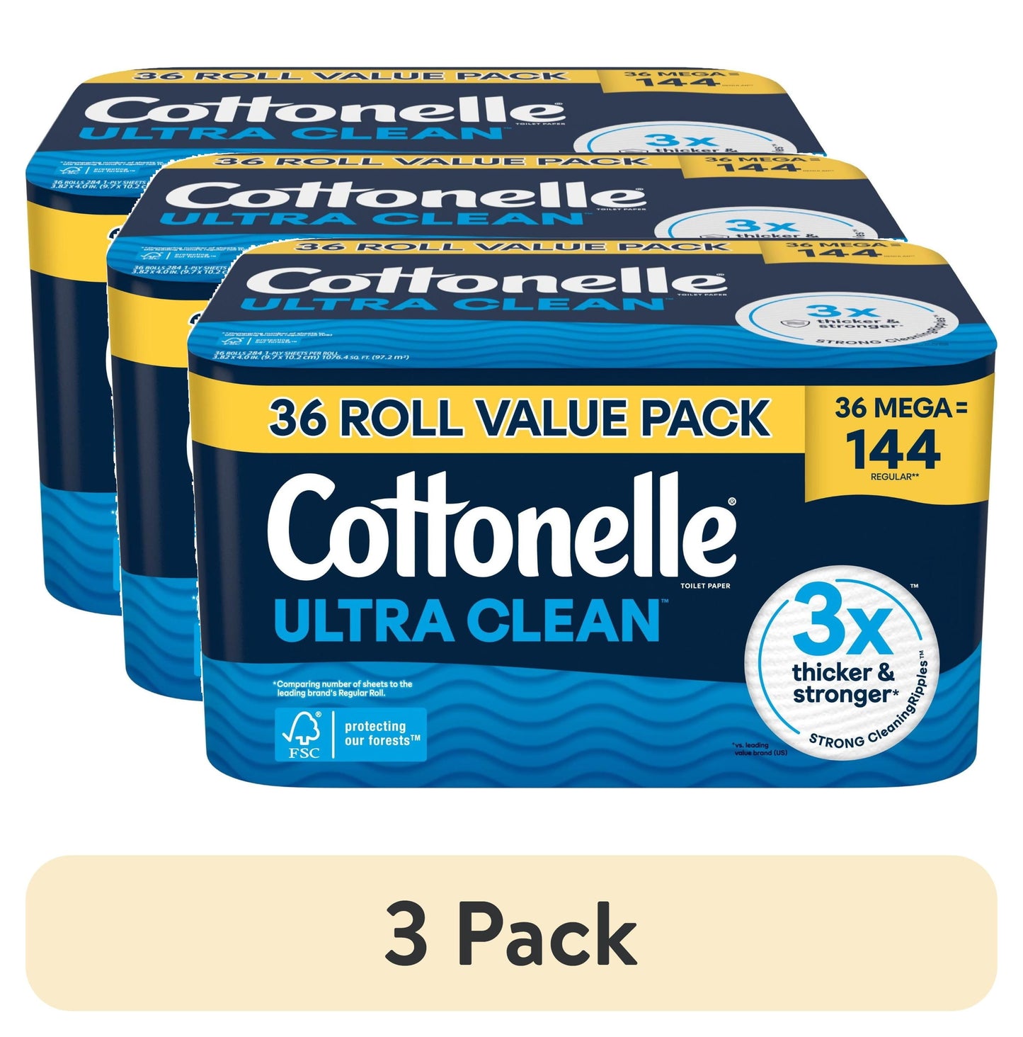 (3 Pack) Ultra Clean Toilet Paper, Strong Toilet Tissue, 36 Mega Rolls