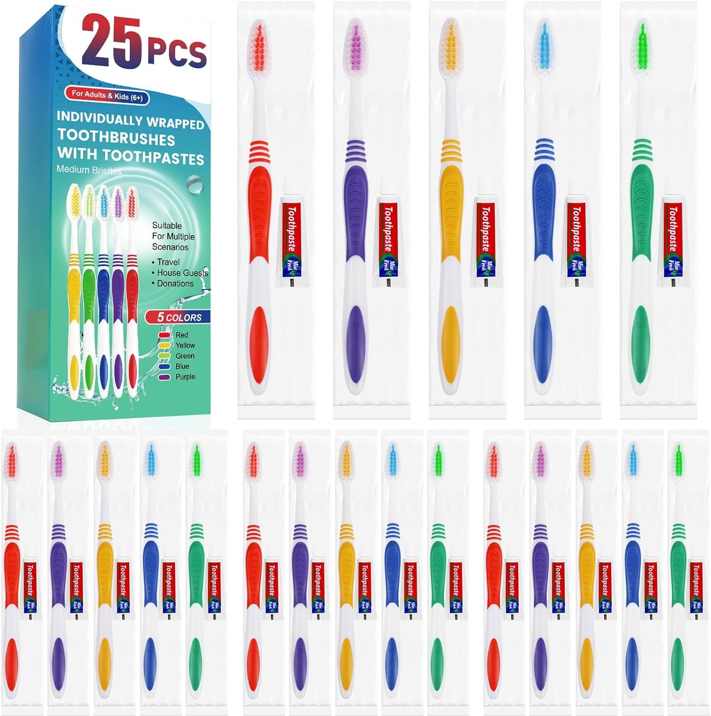 25 PCS Disposable Toothbrush with Toothpaste Bulk, Travel Toothpaste, Bulk Toothpaste, Individually Wrapped Bulk Toothbrush, Ergonomics Handle, Soft Bristle, Perfect for Travel, Hotel, Donation