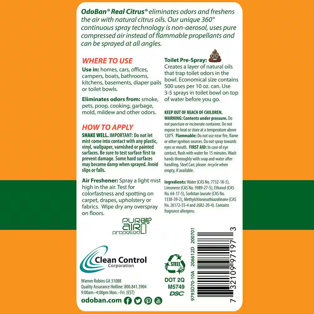10 Oz. Orange Real Citrus Air Freshener Spray, Citrus Oil Natural Air Freshener, Room Deodorizer & Toilet Spray (6 Pack)