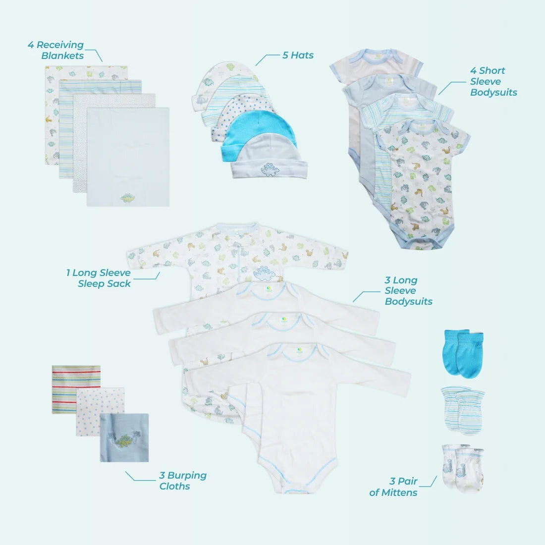 Baby Basics Clothing Set Gift Baskets and Showers, Blue Dinosaurs, Newborn, 23-Piece