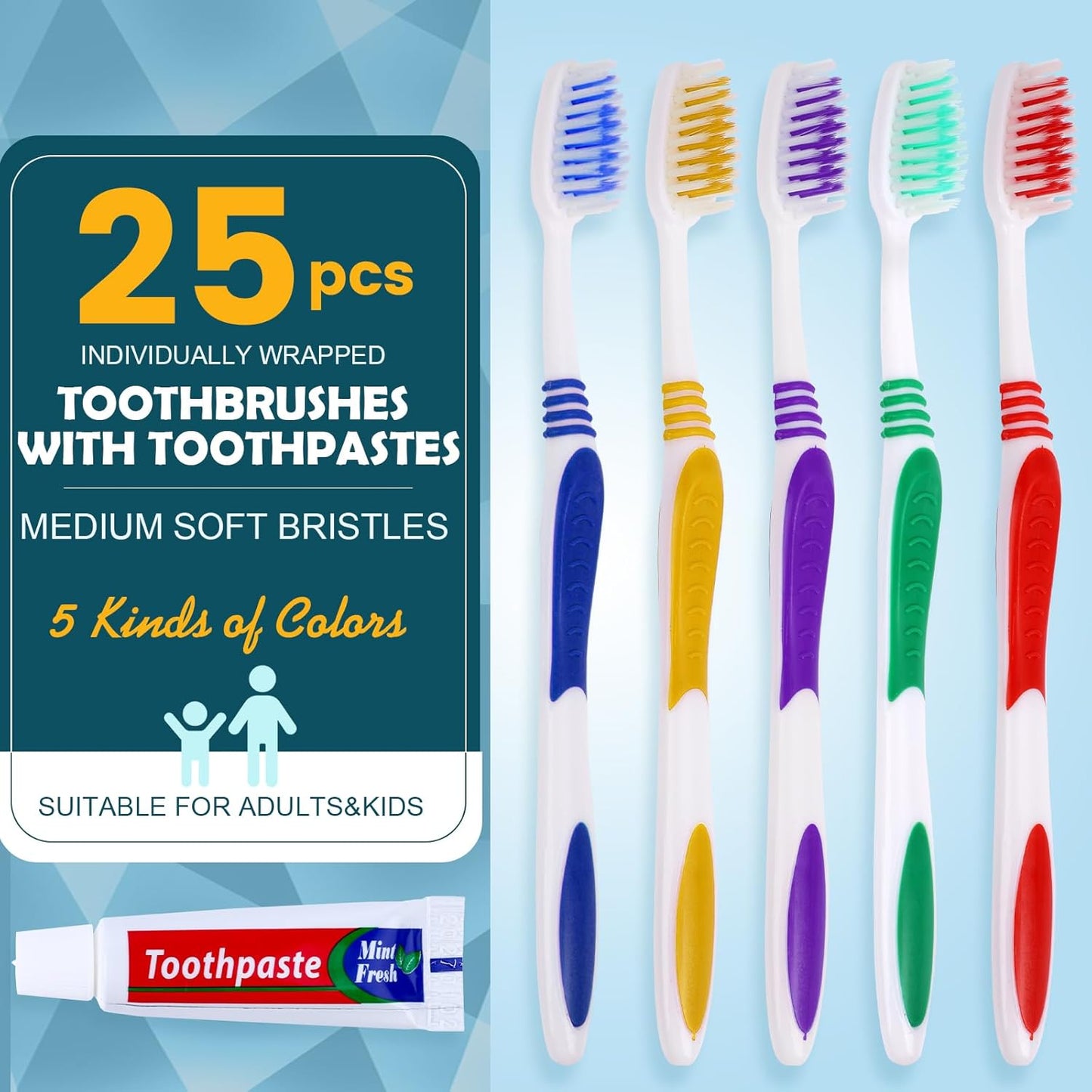 25 PCS Disposable Toothbrush with Toothpaste Bulk, Travel Toothpaste, Bulk Toothpaste, Individually Wrapped Bulk Toothbrush, Ergonomics Handle, Soft Bristle, Perfect for Travel, Hotel, Donation