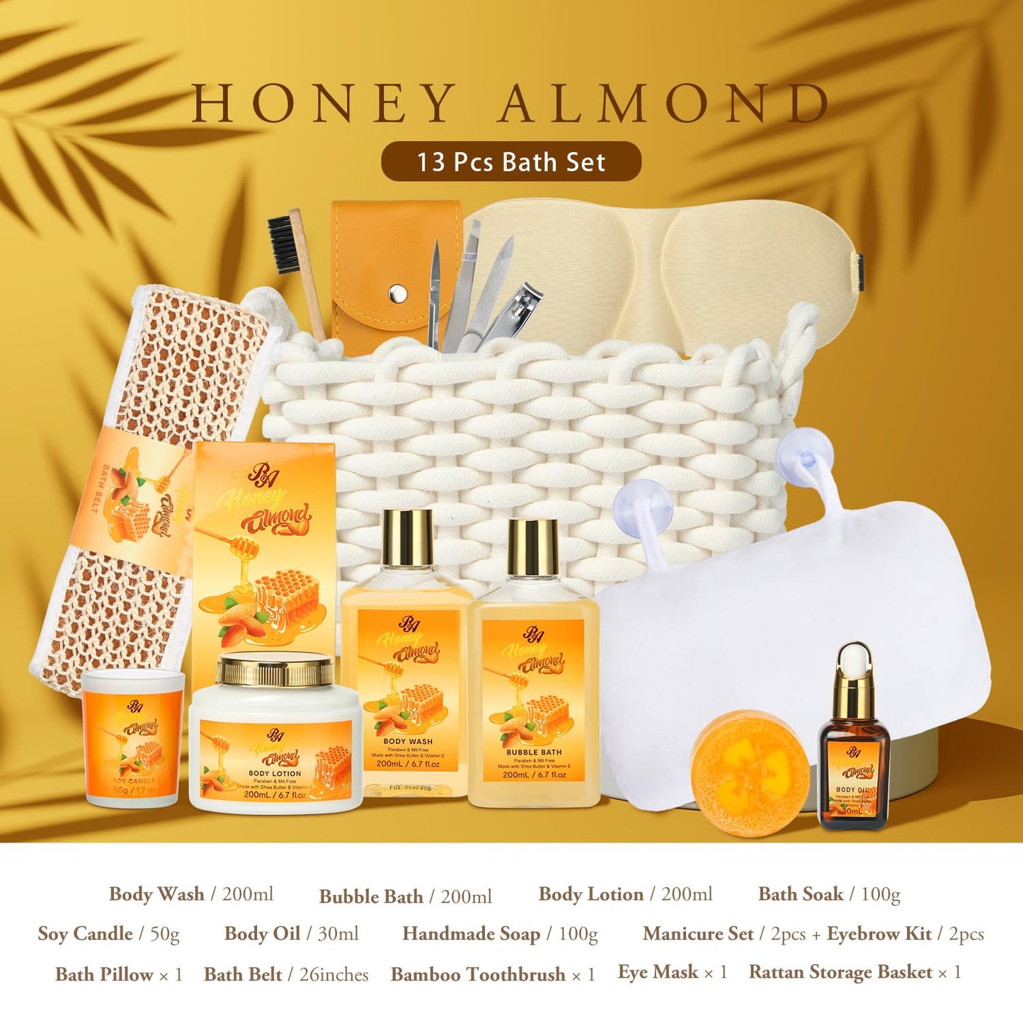 Spa Gift Set for Women, 13Pcs Spa Basket Set, Honey Almond Scented, Includes Body Wash, Bubble Bath, Bath Soak, Manicure Set, Gifts for Mom, Birthday Gifts for Women, Home Spa Kit Gift for Her