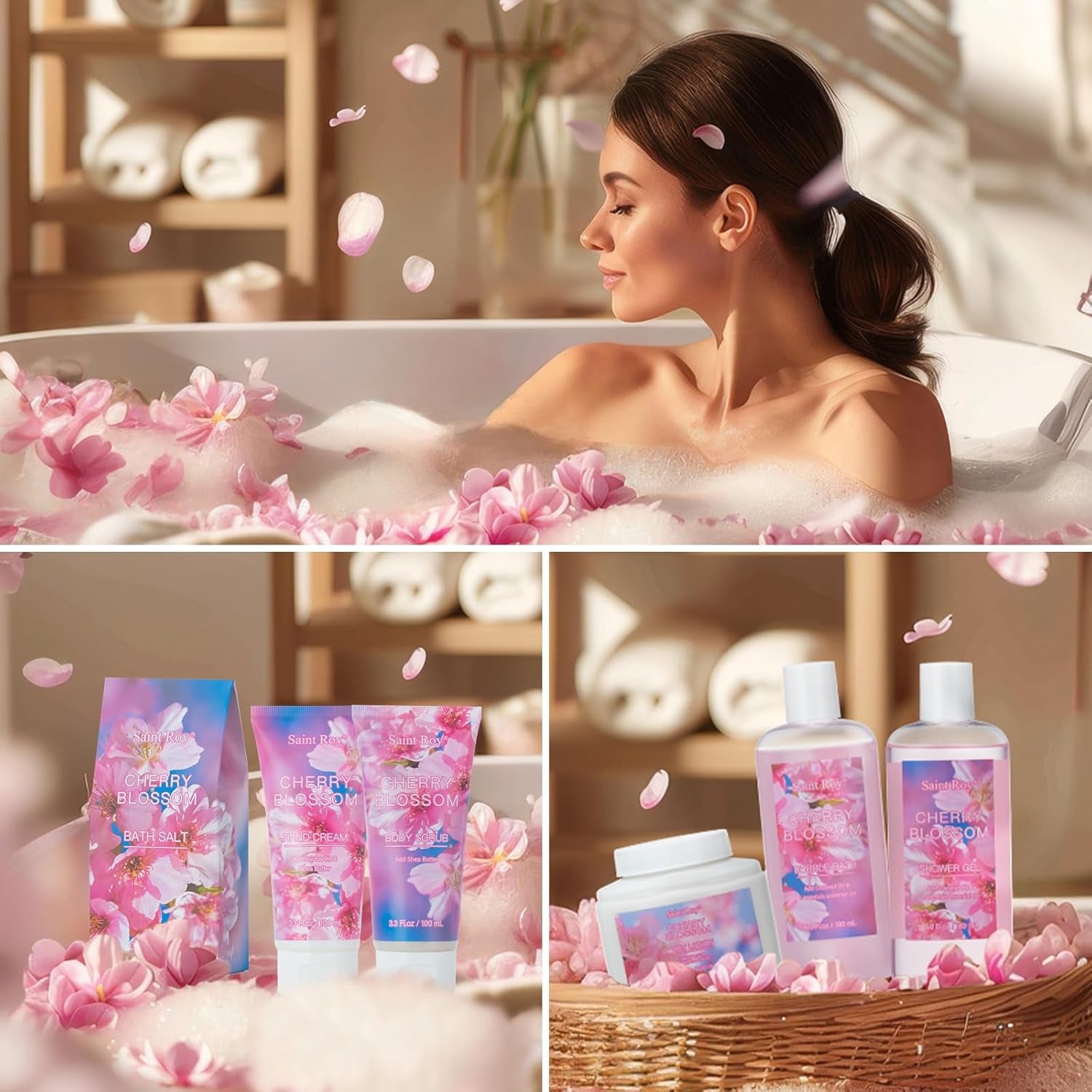 Spa Gifts for Women, Home Spa Gift Basket, Luxury 12 Pcs Gift Set for Women Enchanted Cherry Blossom Scent Bath & Body Gift Set, Pamper Gifts for Girls & Teens Spa Kit Birthday Gift, Spa Gifts