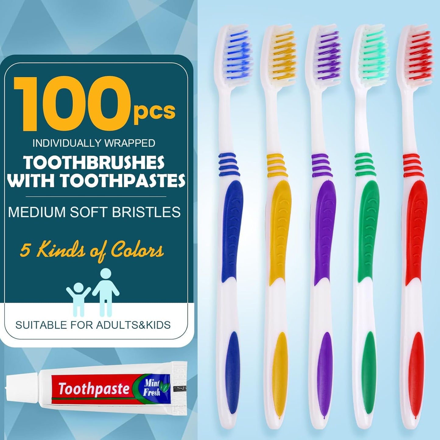 100 PCS Disposable Toothbrush with Toothpaste Bulk, Travel Toothpaste, Bulk Toothpaste, Individually Wrapped Bulk Toothbrush, Ergonomics Handle, Soft Bristle, Perfect for Travel, Hotel,Donation