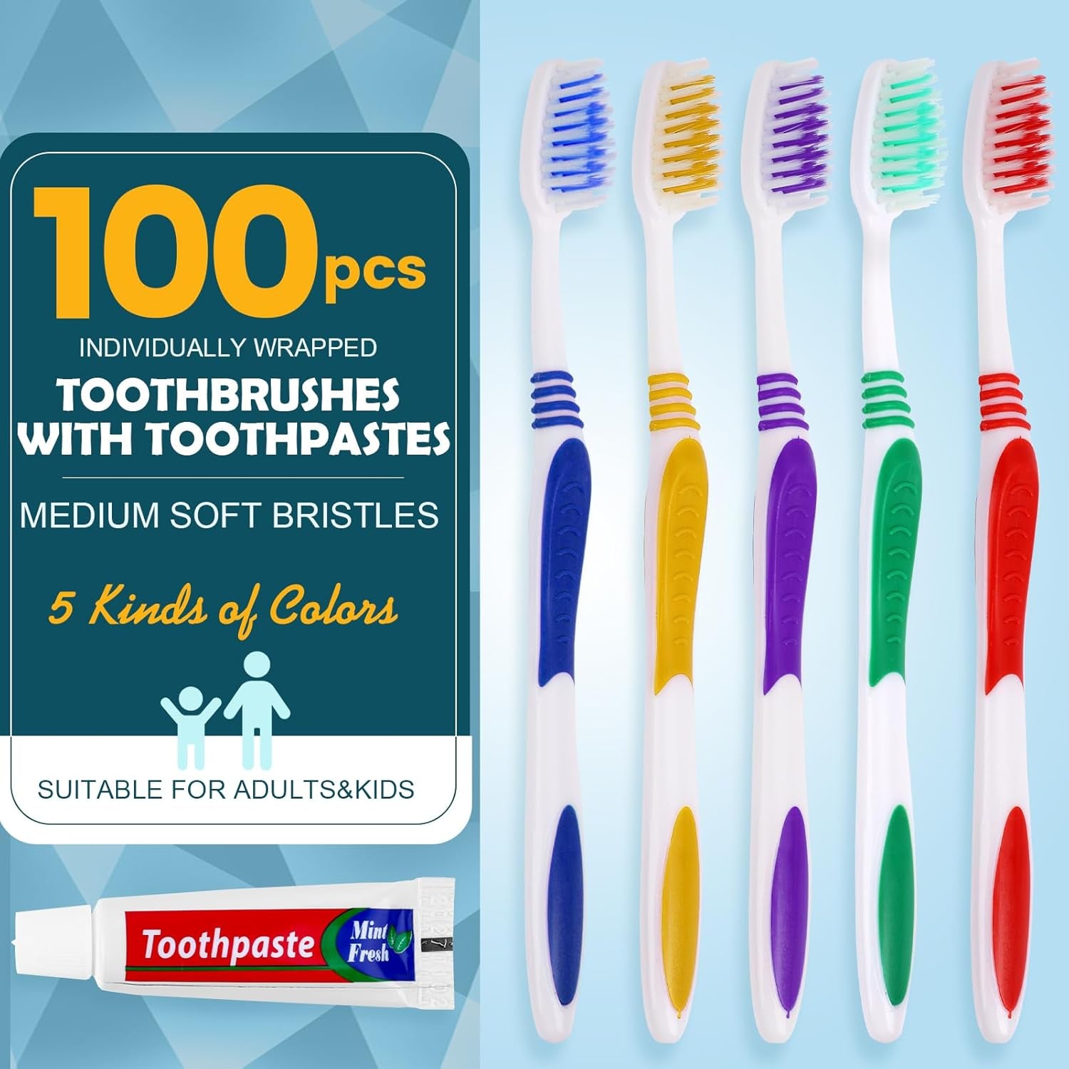 100 PCS Disposable Toothbrush with Toothpaste Bulk, Travel Toothpaste, Bulk Toothpaste, Individually Wrapped Bulk Toothbrush, Ergonomics Handle, Soft Bristle, Perfect for Travel, Hotel,Donation