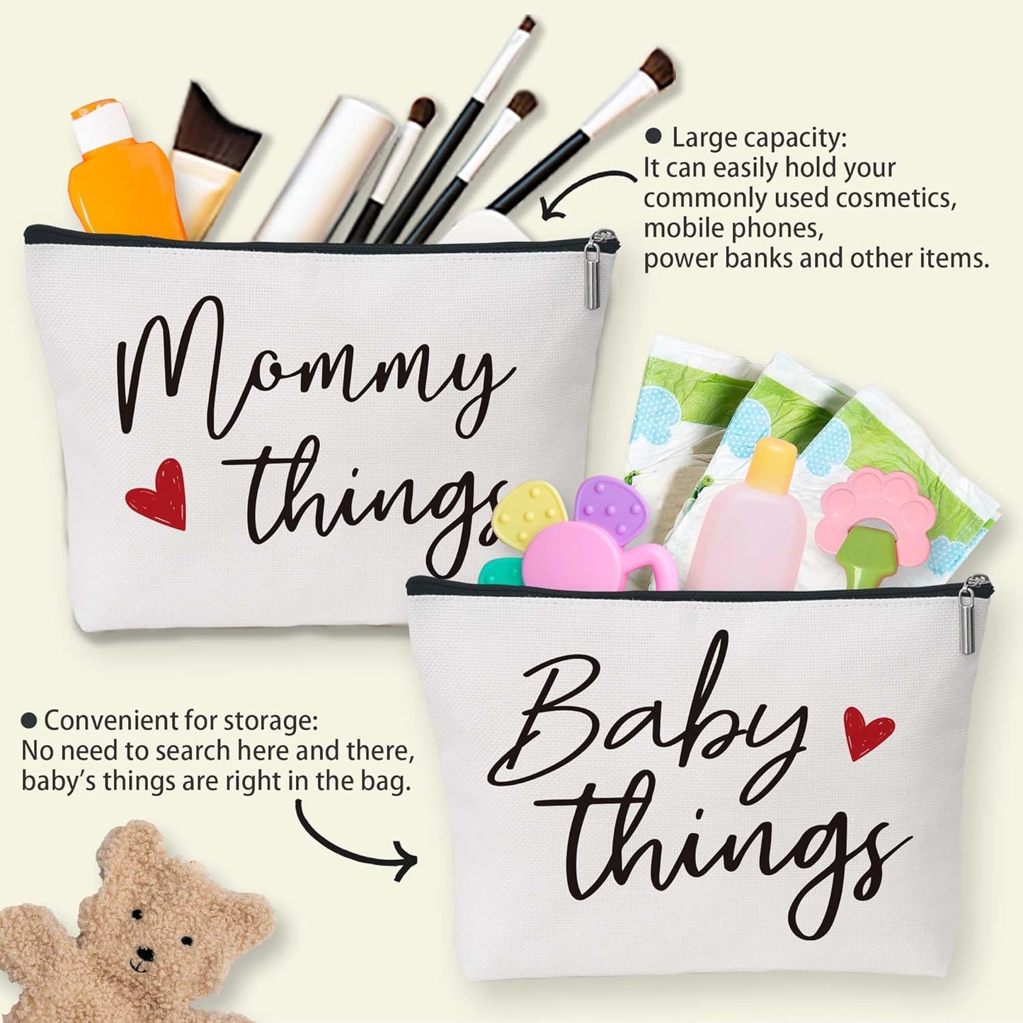 Best Expecting Mom Gifts,Mommy and Baby Canvas Pouch Set,New Mother Keepsake for New Mothers and Expecting Moms,Modern Neutral Cosmetic and Accessory Bags,Matching Travel Cases,Set of 2