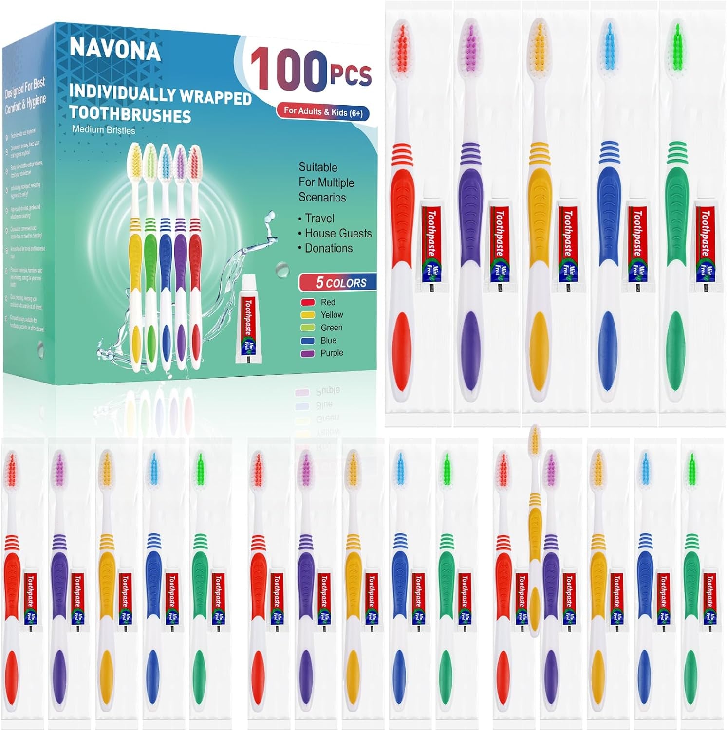 100 PCS Disposable Toothbrush with Toothpaste Bulk, Travel Toothpaste, Bulk Toothpaste, Individually Wrapped Bulk Toothbrush, Ergonomics Handle, Soft Bristle, Perfect for Travel, Hotel,Donation