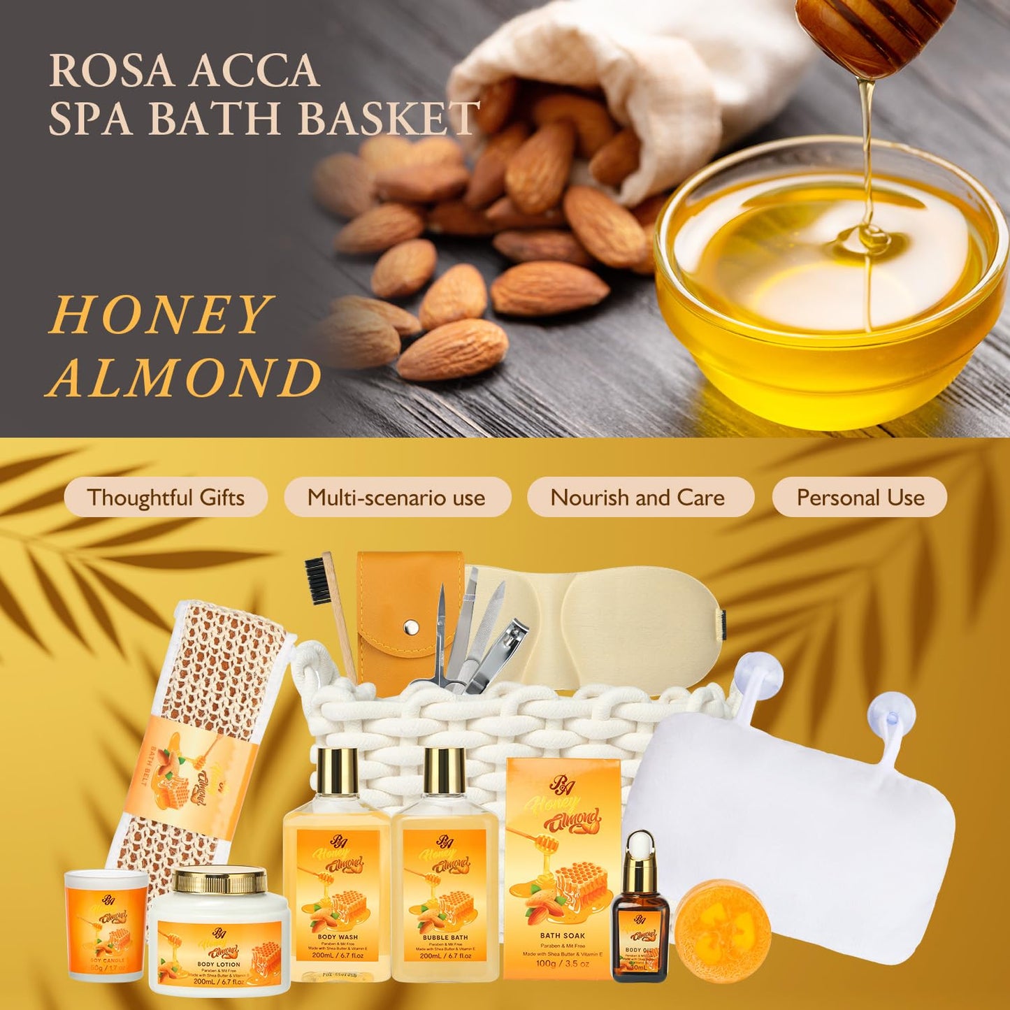 Spa Gift Set for Women, 13Pcs Spa Basket Set, Honey Almond Scented, Includes Body Wash, Bubble Bath, Bath Soak, Manicure Set, Gifts for Mom, Birthday Gifts for Women, Home Spa Kit Gift for Her