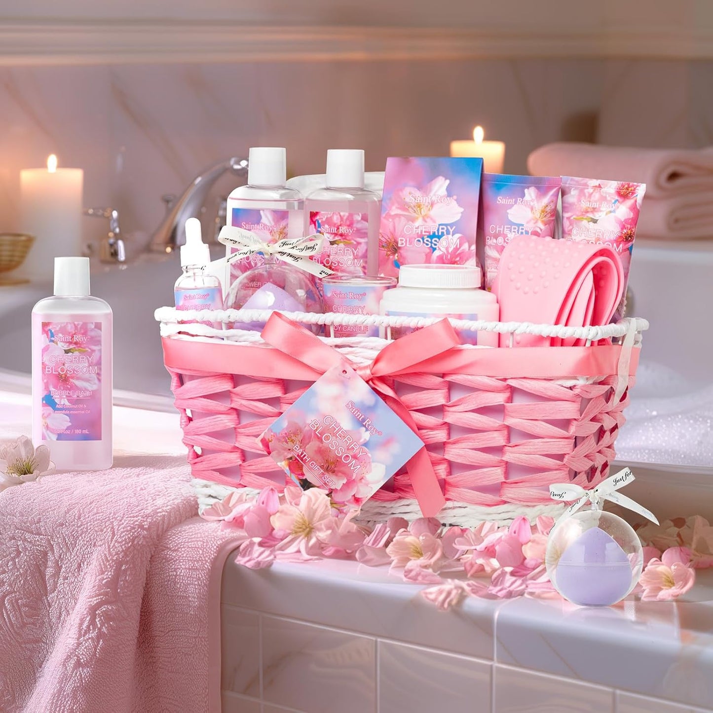 Spa Gifts for Women, Home Spa Gift Basket, Luxury 12 Pcs Gift Set for Women Enchanted Cherry Blossom Scent Bath & Body Gift Set, Pamper Gifts for Girls & Teens Spa Kit Birthday Gift, Spa Gifts