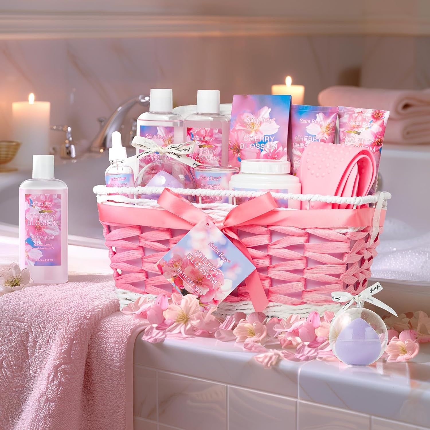 Spa Gifts for Women, Home Spa Gift Basket, Luxury 12 Pcs Gift Set for Women Enchanted Cherry Blossom Scent Bath & Body Gift Set, Pamper Gifts for Girls & Teens Spa Kit Birthday Gift, Spa Gifts