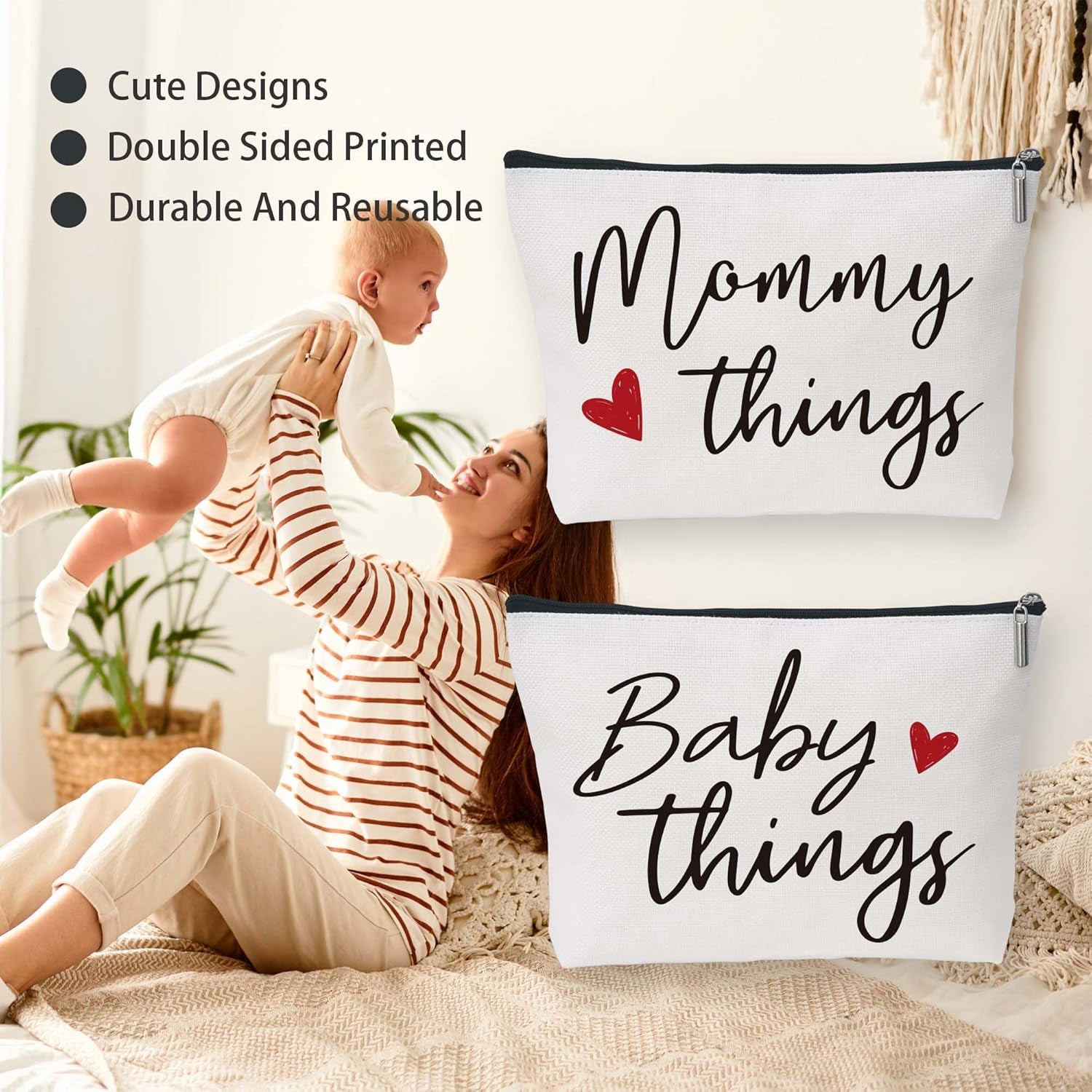 Best Expecting Mom Gifts,Mommy and Baby Canvas Pouch Set,New Mother Keepsake for New Mothers and Expecting Moms,Modern Neutral Cosmetic and Accessory Bags,Matching Travel Cases,Set of 2