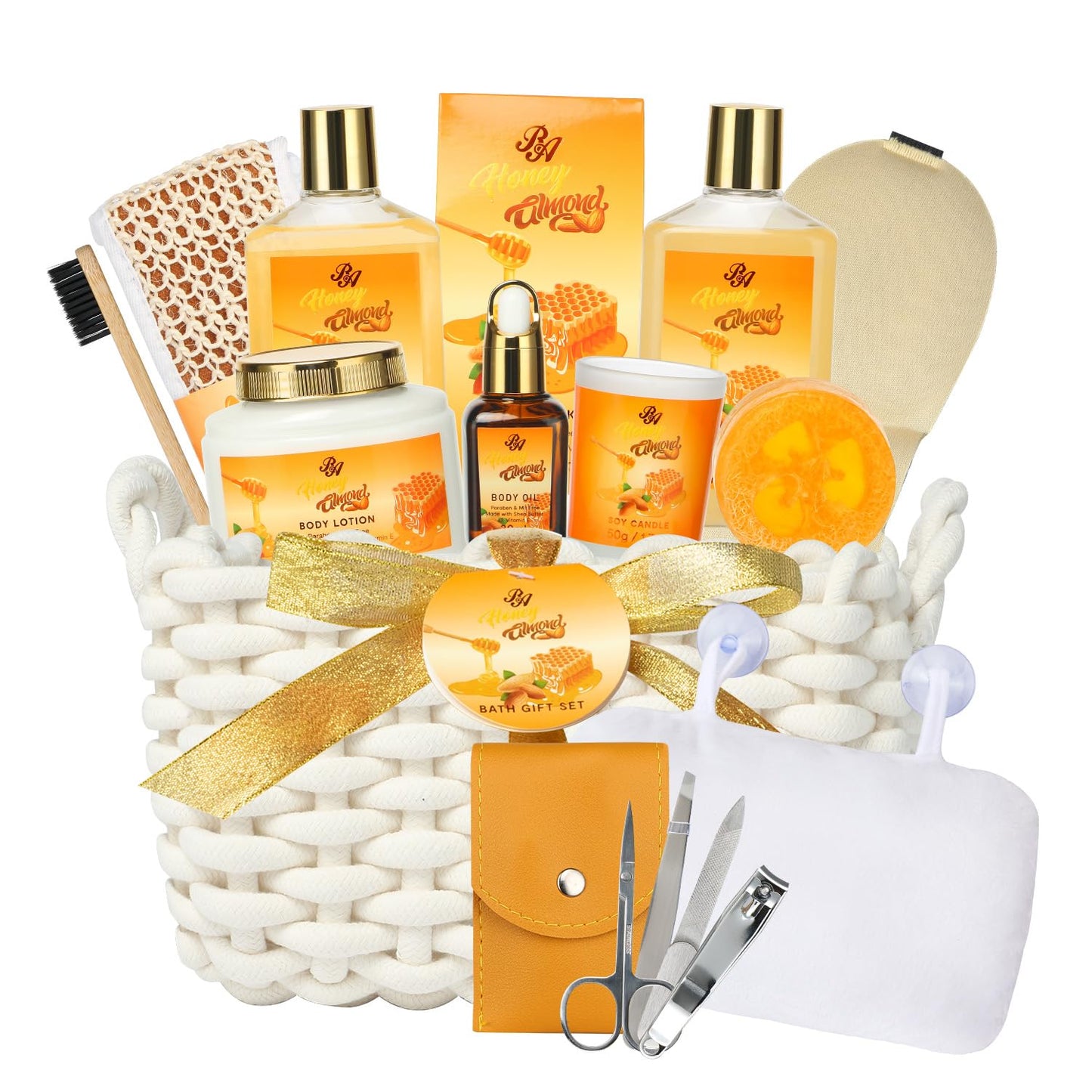 Spa Gift Set for Women, 13Pcs Spa Basket Set, Honey Almond Scented, Includes Body Wash, Bubble Bath, Bath Soak, Manicure Set, Gifts for Mom, Birthday Gifts for Women, Home Spa Kit Gift for Her