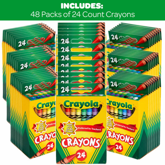 24Ct Crayons, Assorted Colors,(Case Contains 48 Boxes), Bulk School Supplies