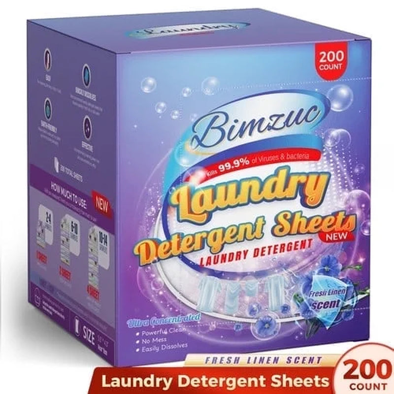 200 Count Laundry Detergent Sheets up to 400 Loads, Fresh Linen Scent, Great for Travel