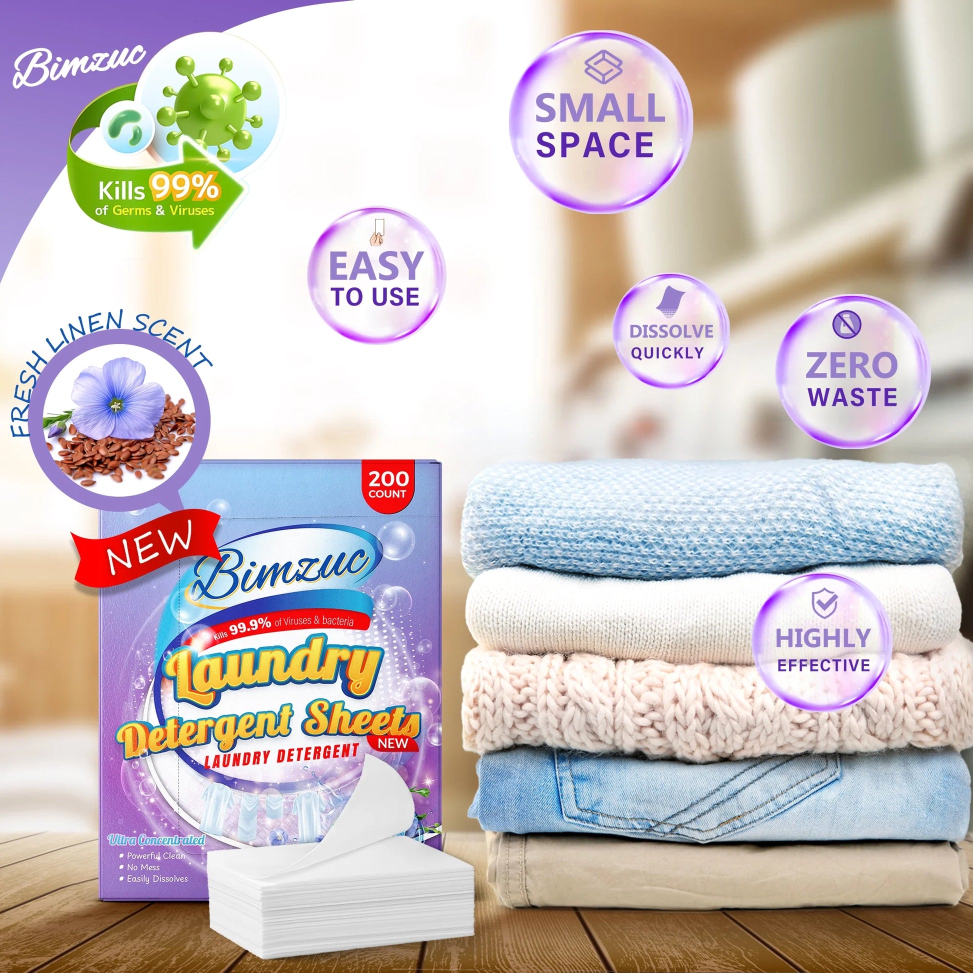 200 Count Laundry Detergent Sheets up to 400 Loads, Fresh Linen Scent, Great for Travel